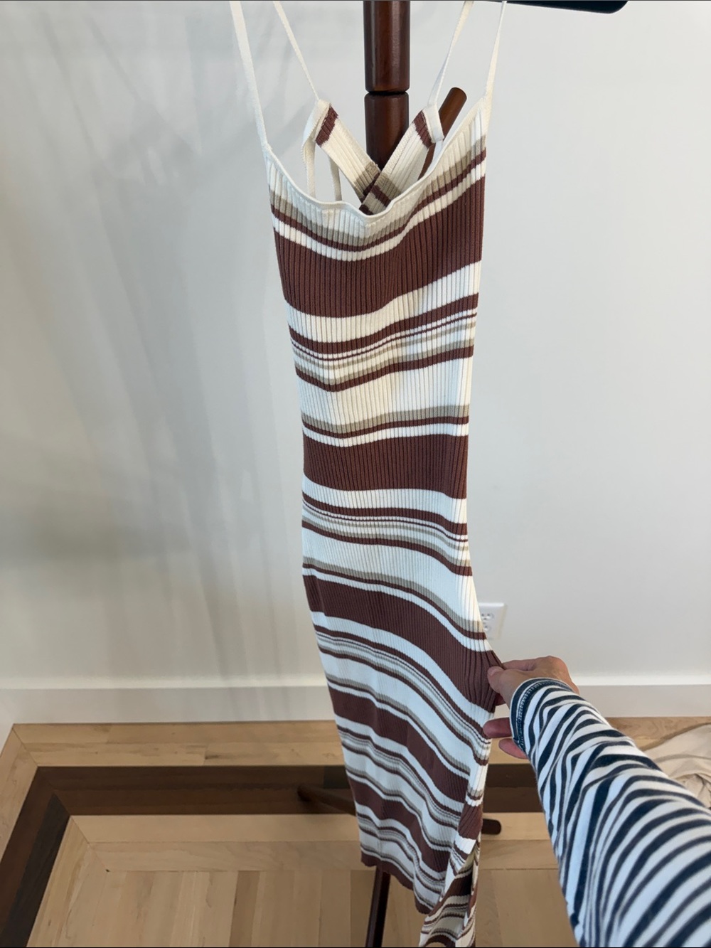 Abercrombie & Fitch Brown and Cream Striped Ribbed Midi Slip Dress